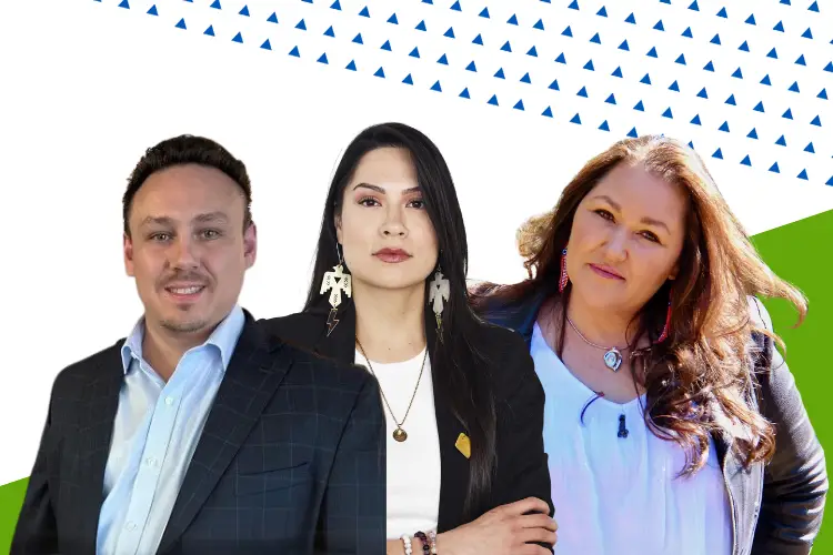 A group photo of three Indigenous business leaders standing confidently against a background with green, white, and blue geometric patterns. The man on the left is wearing a dark suit jacket with a light blue shirt, the woman in the center is wearing a black blazer with statement earrings, and the woman on the right is wearing a white blouse and light jacket with long wavy hair. They represent diverse Indigenous leadership in business and community initiatives