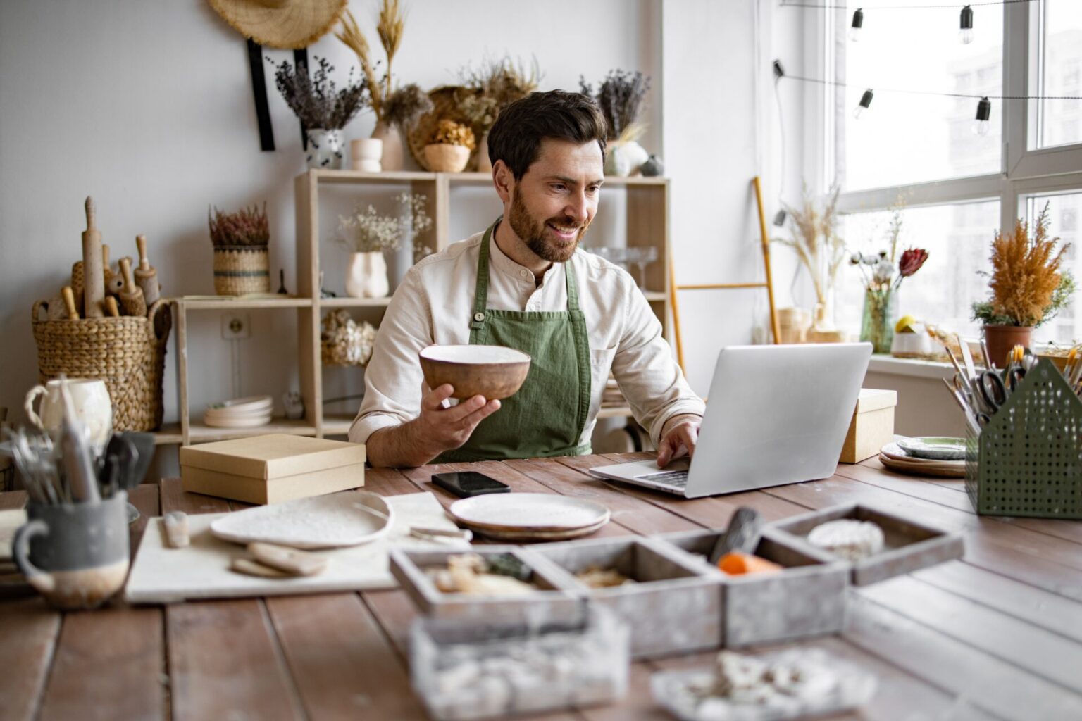 confident,young,businessman,running,creative,small,business.,adult,ceramic,shop