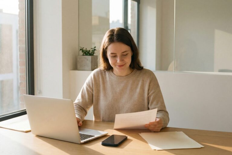 Woman reviewing digital marketing notes while working on a laptop.